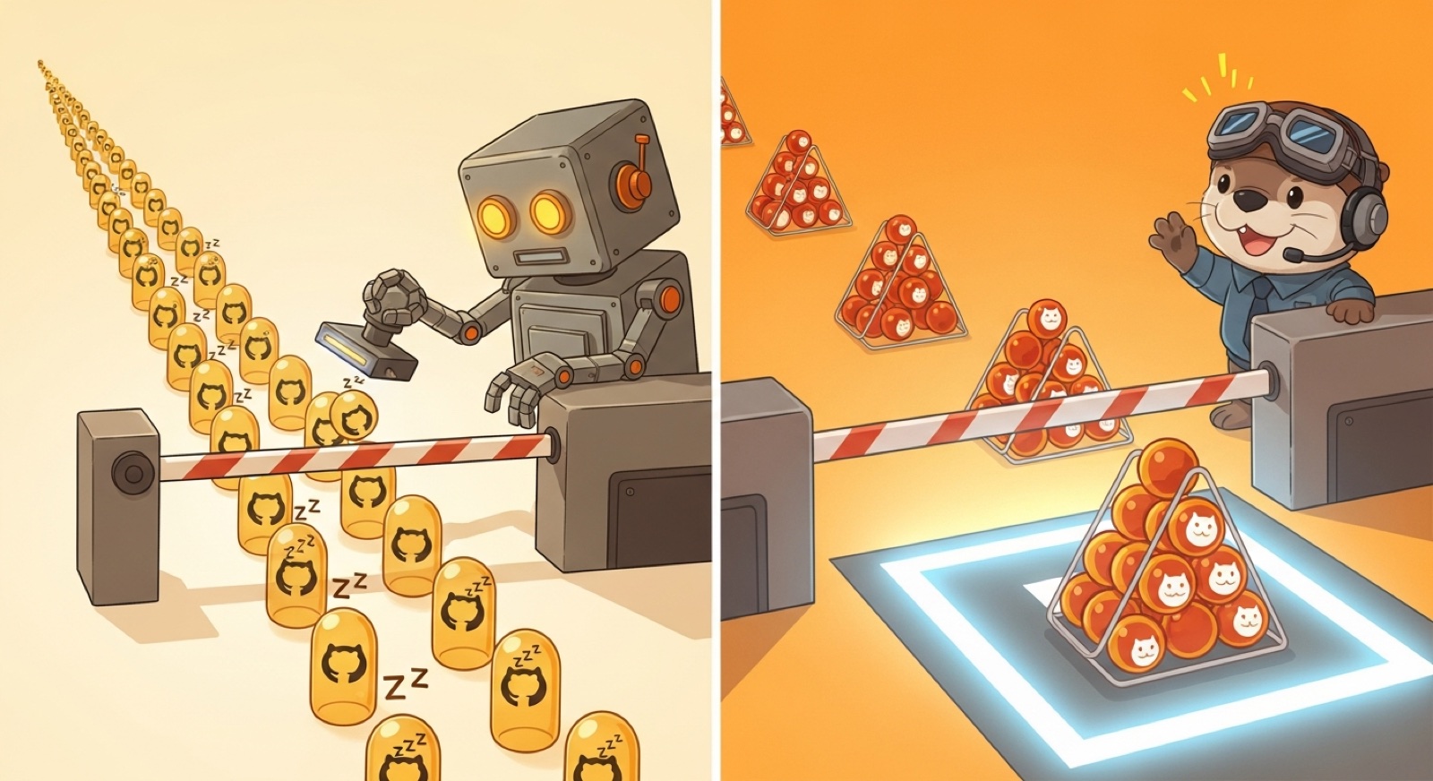Before and after: a robot inspector stamps sleepy pull-request capsules one at a time at a barrier, while on the other side the same capsules are racked into batches and waved through an open gate by an otter pilot.