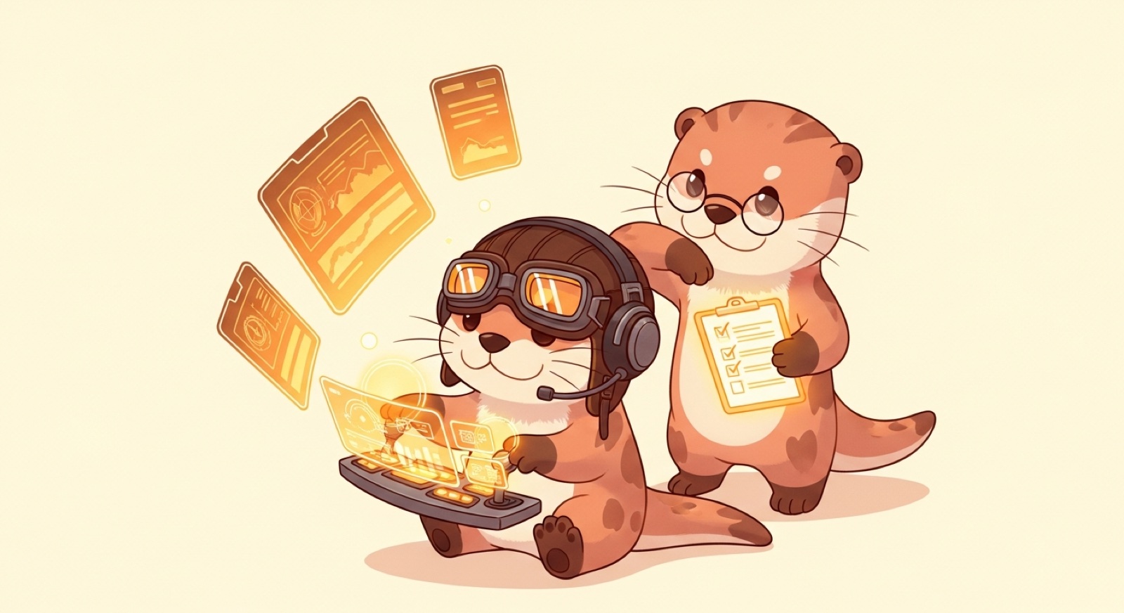 A reviewer otter with glasses holding a checklist, watching over the shoulder of the pilot otter at the controls.